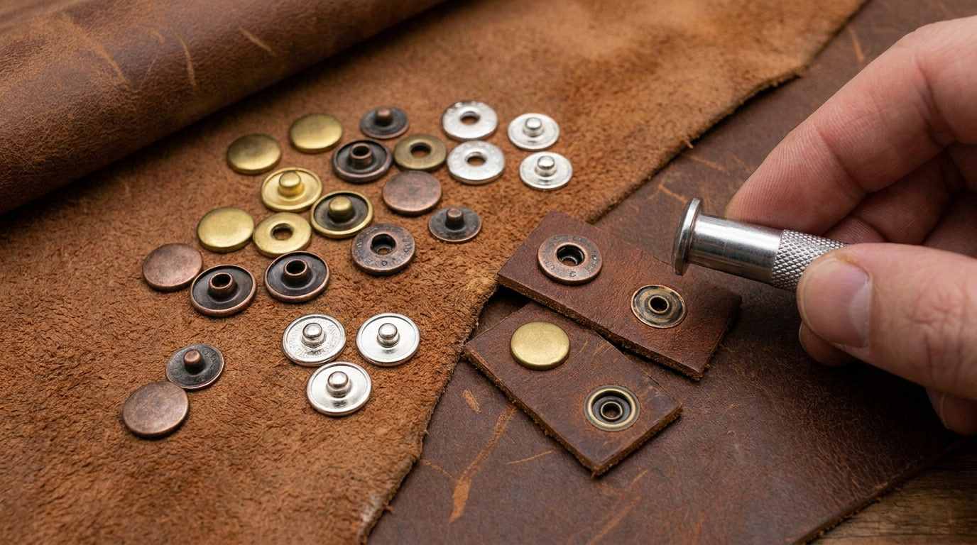 snaps for bag repair, Snaps for bag repair in different sizes and metal finishes are displayed on brown leather beside a hand setting tool.